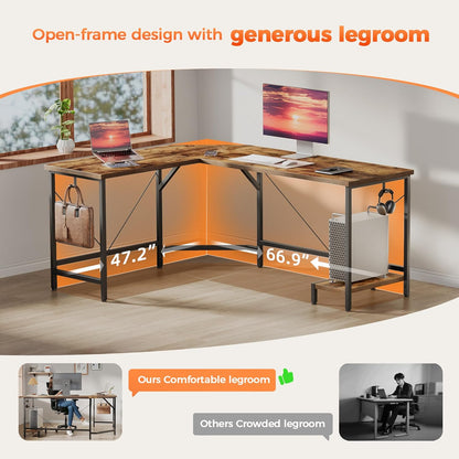 Modern L-Shaped Computer Desk with Storage Shelves & Drawer, 66" Corner Home Office Desk, Large Gaming Desk with RGB Lights & Power Outlets, Workstation for Gaming & Work, Modern Black