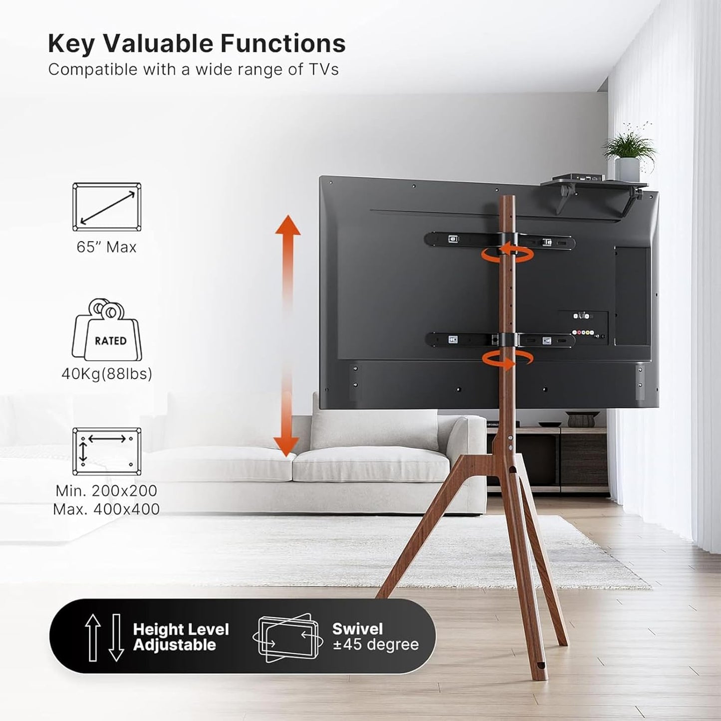 Premium Wood Easel TV Stand, Adjustable TV Tripod Stand for 45-65 Inch LED LCD Screen, with Top TV Shelf and Magnetic Concealed Cable Management, Max Load 88Lbs, Walnut