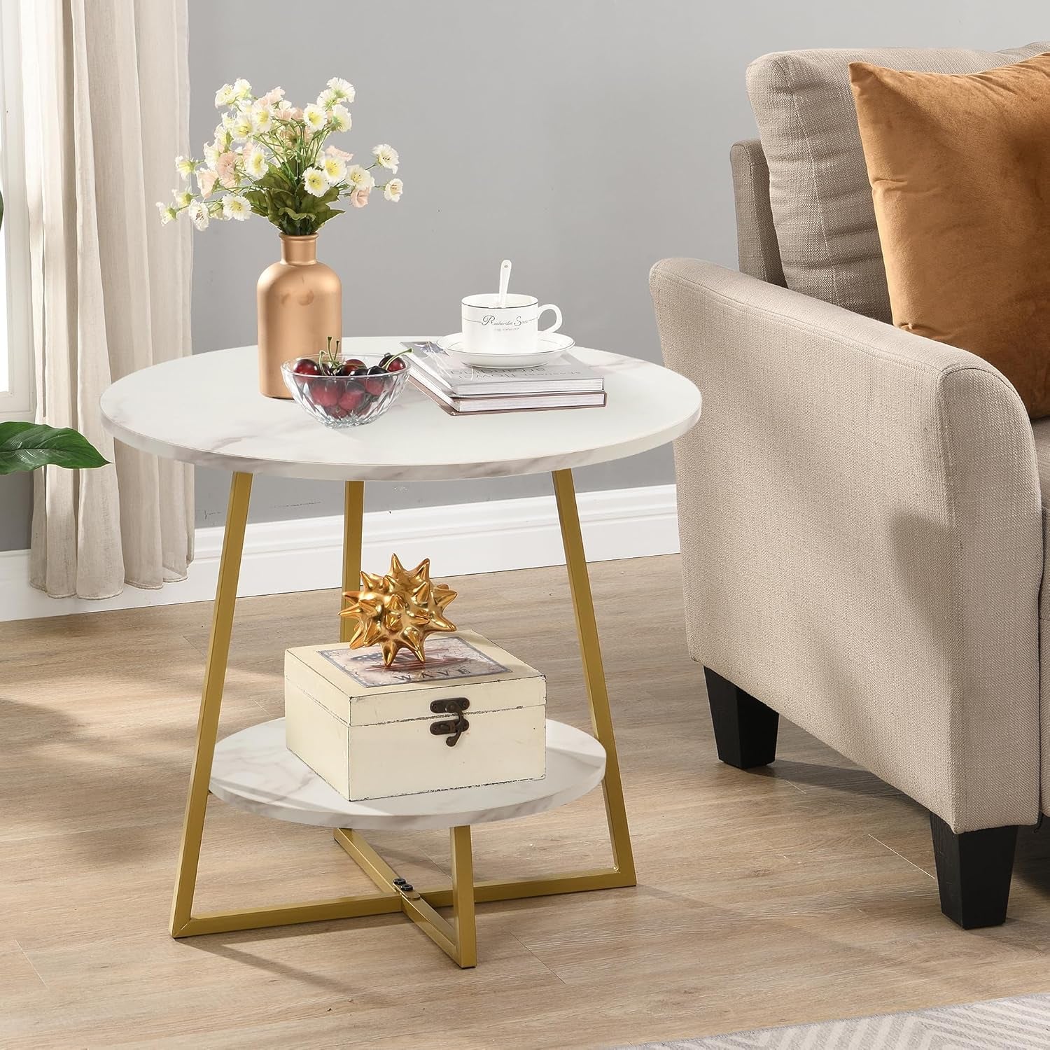 20" Living Room Side Table for Small Spaces, 2 Tier Wood Top round End Tables with Storage Shelf, Accent Sofa Table for Bedroom, Office, Sunroom, Balcony, White Faux Marble/Gold