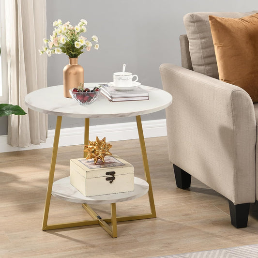 20" Living Room Side Table for Small Spaces, 2 Tier Wood Top round End Tables with Storage Shelf, Accent Sofa Table for Bedroom, Office, Sunroom, Balcony, White Faux Marble/Gold