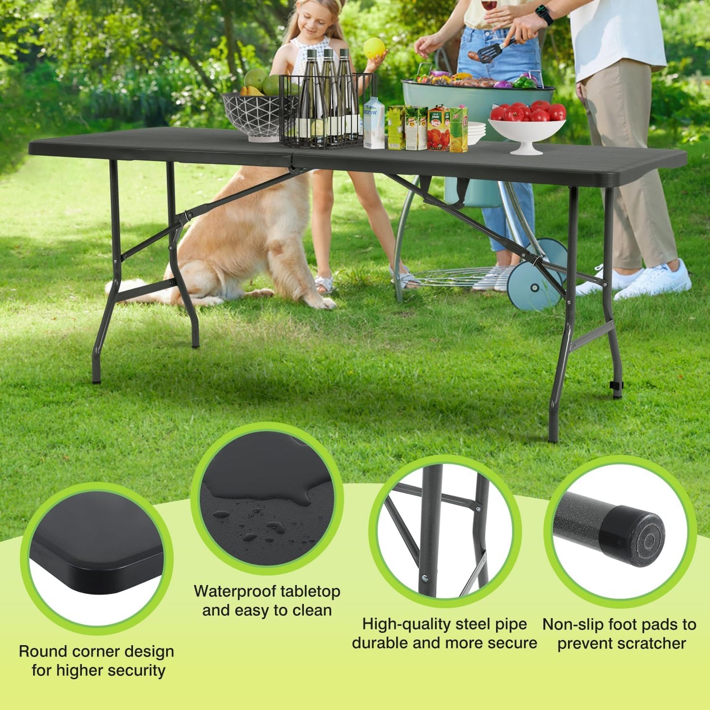 Outdoor Folding Camping Table Plastic Table Portable Square Height Dining Table Perfect for Picnics,Parties,Party and Camping,Black