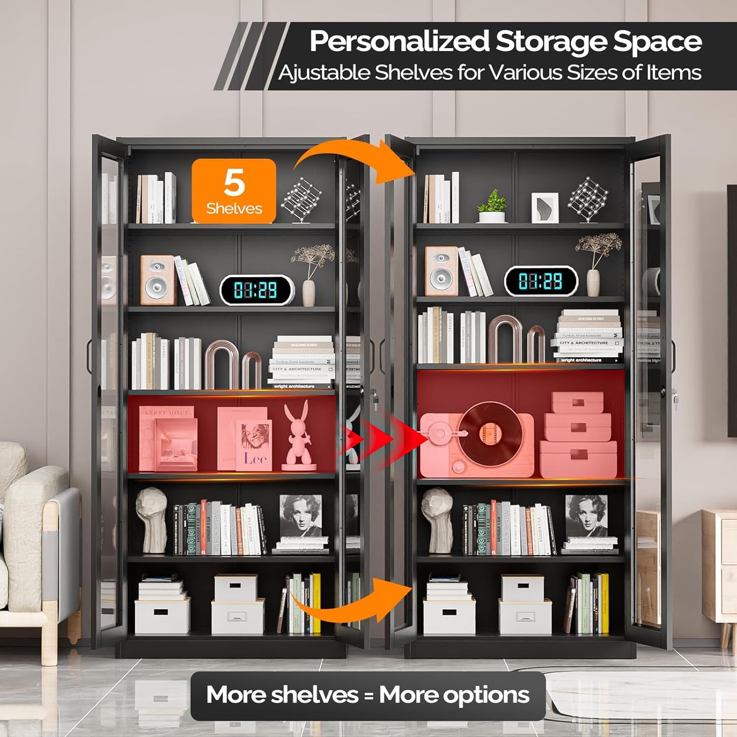 Lockable Display Cabinet with Glass Doors & 5 Adjustable Shelves, 71" Tall Black Metal Storage Cabinet Curio Liquor, Bookshelf Bookcase for Home Office Living Room Pantry Garage