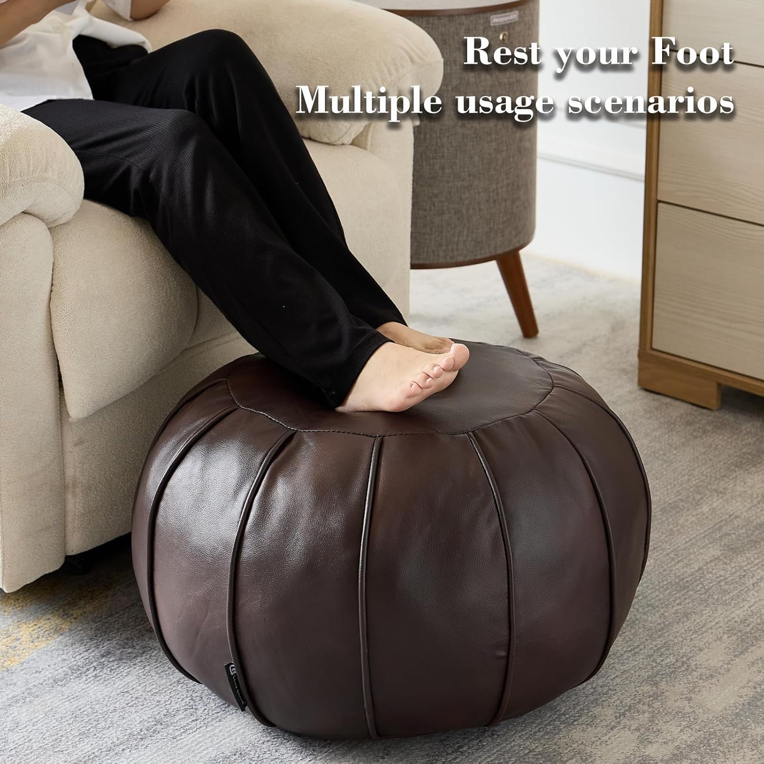 Brown Waterproof Faux Leather Unstuffed Pouf Ottoman, Handmade Moroccan Pouf Cover 21"X13", round Floor Cushion Floor Chair Footstool for Living Room, Bedroom and Wedding (Only Cover)