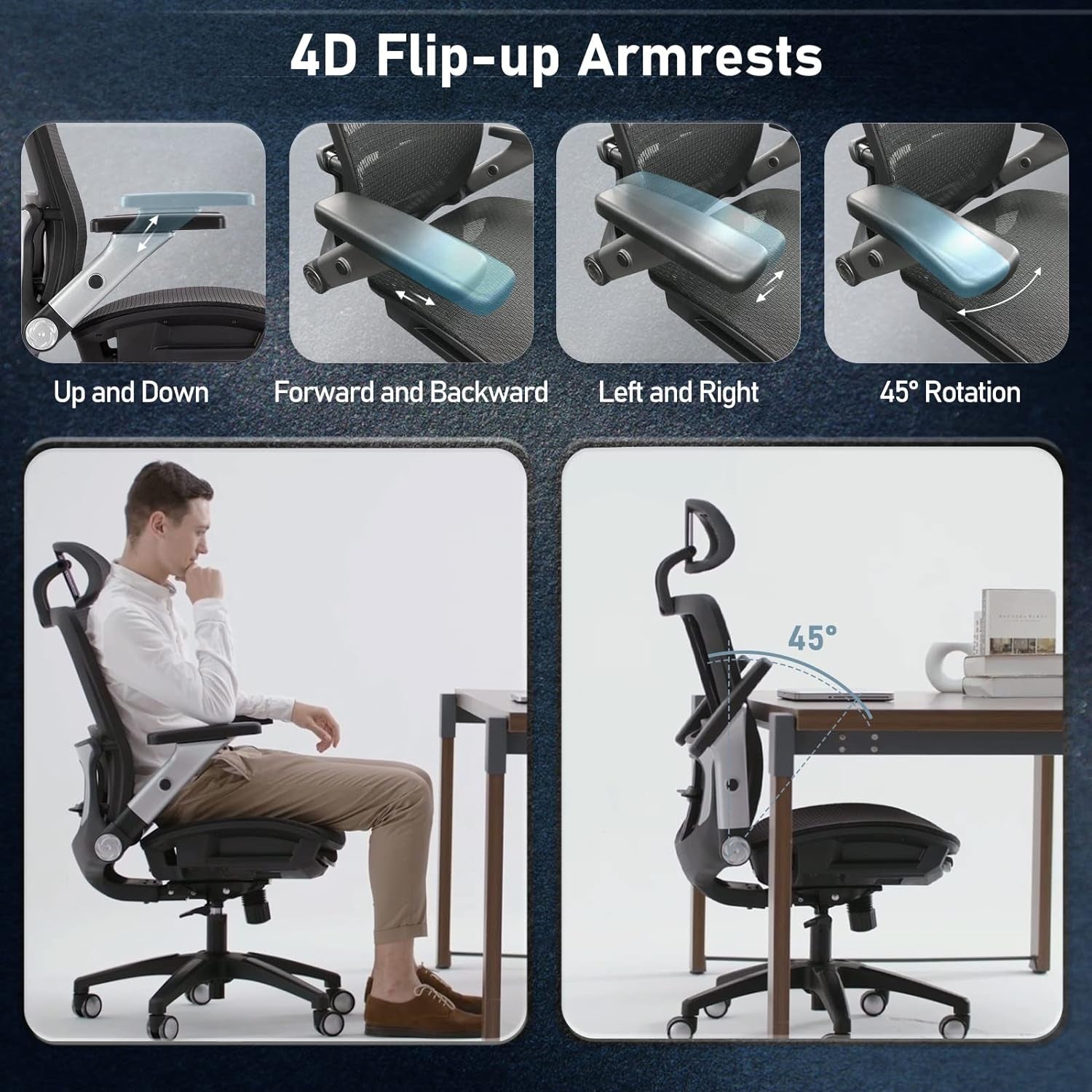 Ergonomic Mesh Office Chair with Footrest, High Back Computer Executive Desk Chair with Headrest and 4D Flip-Up Armrests, Adjustable Tilt Lock and Lumbar Support-Black