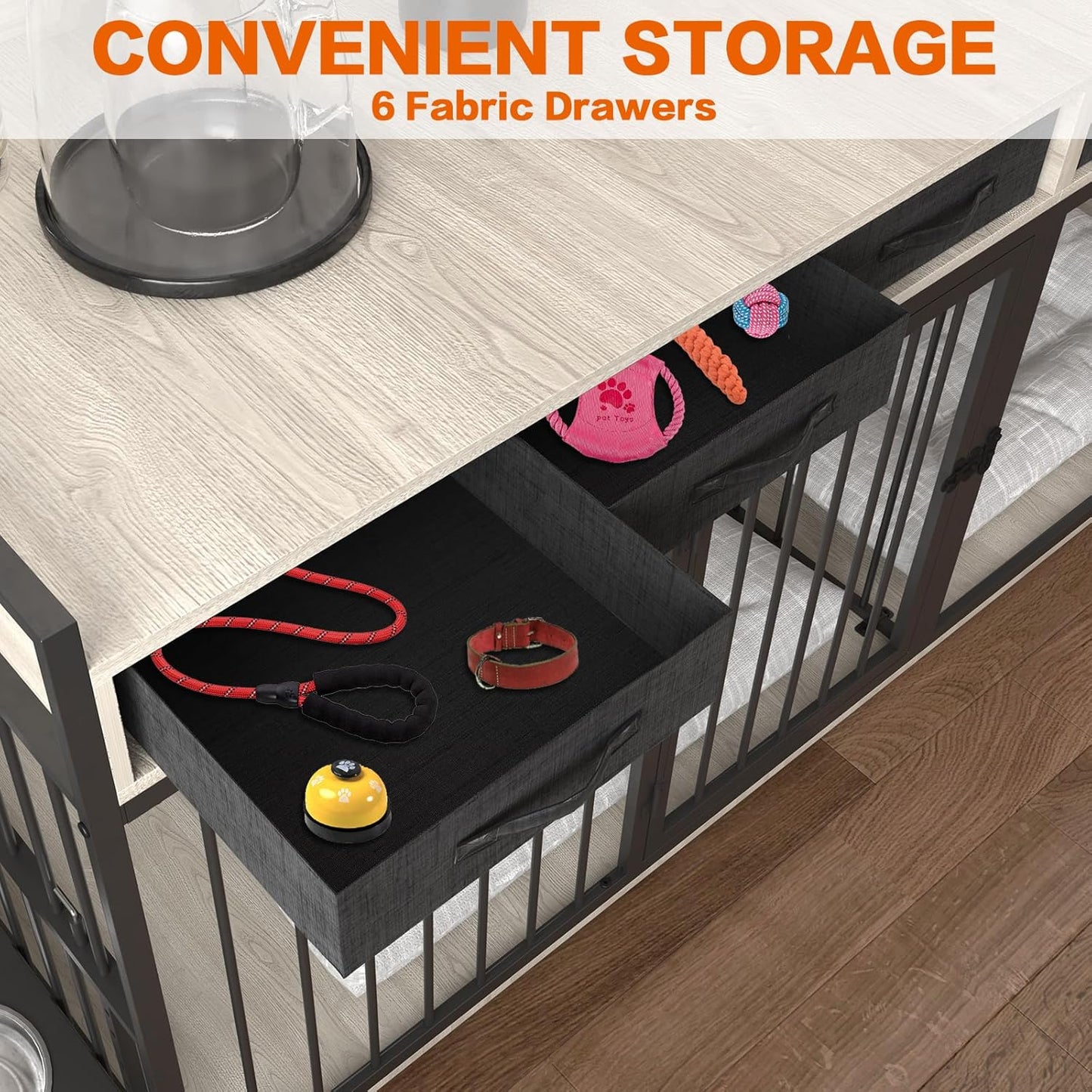 Double Dog Crate Furniture,Indoor 86.6 Inch Extra Large Metal Frame Heavy Duty Dog Crate Kennel Furniture for 2 Dogs with 6 Fabric Drawers,Removable Divider&360°Adjustable Raised Feeder