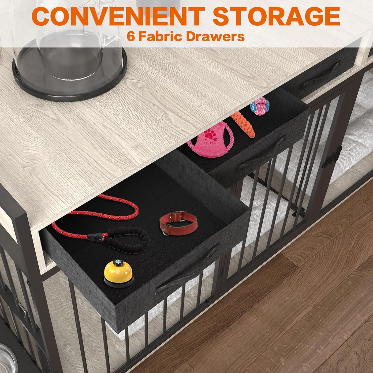 Double Dog Crate Furniture,Indoor 86.6 Inch Extra Large Metal Frame Heavy Duty Dog Crate Kennel Furniture for 2 Dogs with 6 Fabric Drawers,Removable Divider&360°Adjustable Raised Feeder