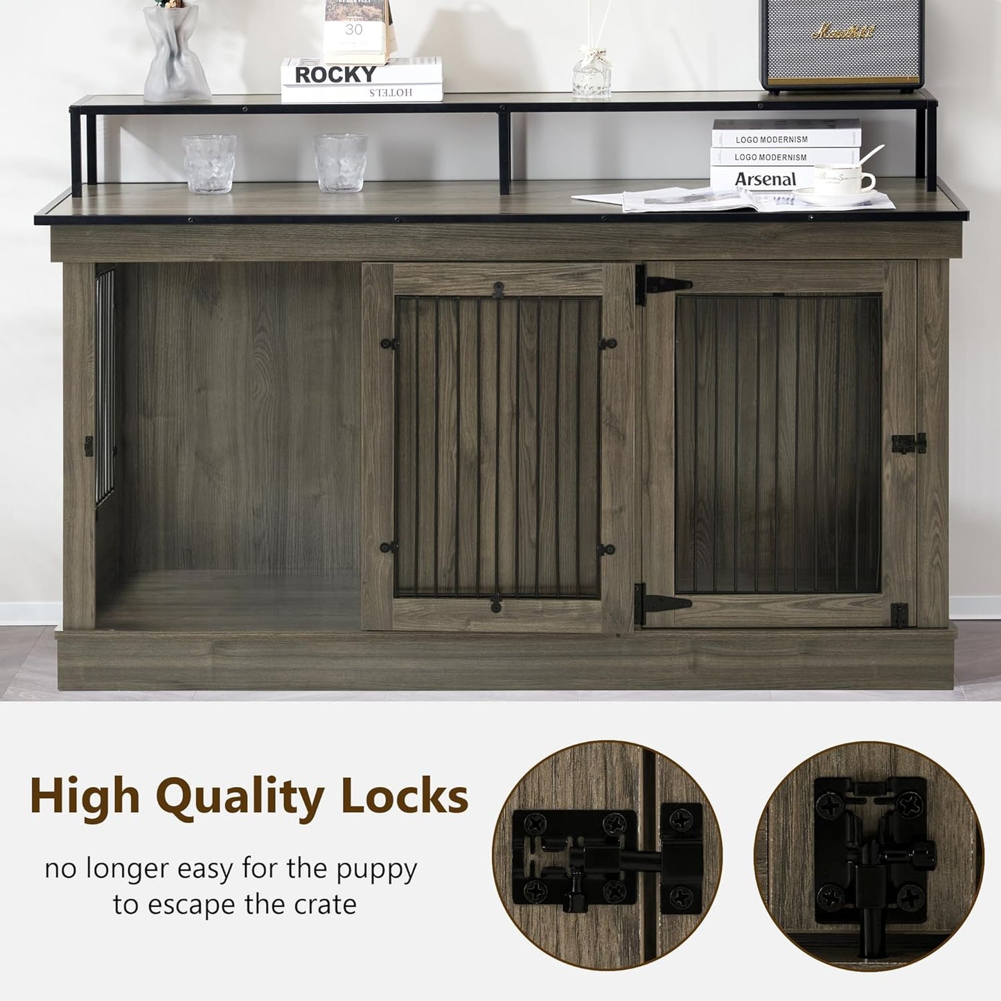 Large Dog Crate Furniture TV Stand, Wooden Pet Kennel with Double Doors, Indoor Furniture Style Dog House End Table, 1861 (Brown)