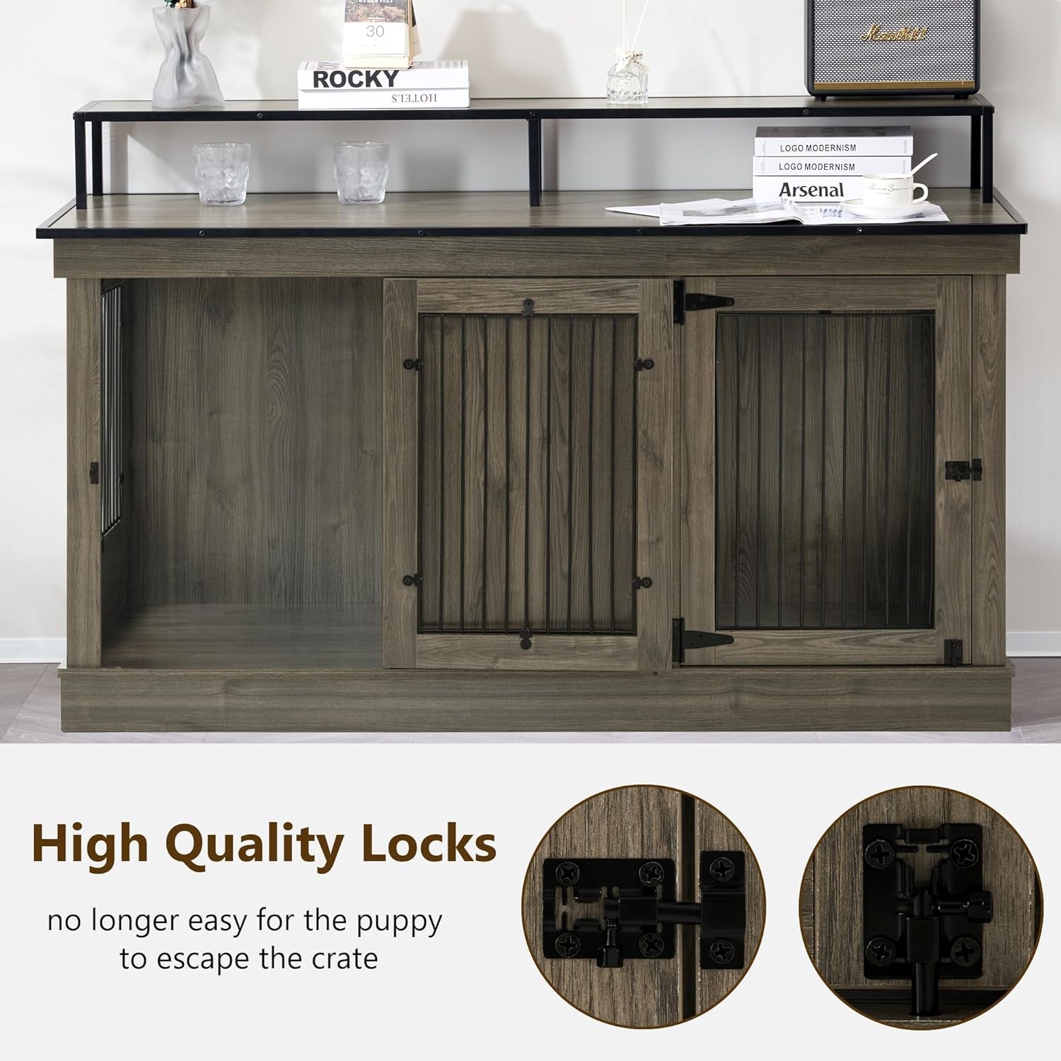 Large Dog Crate Furniture TV Stand, Wooden Pet Kennel with Double Doors, Indoor Furniture Style Dog House End Table, 1861 (Brown)