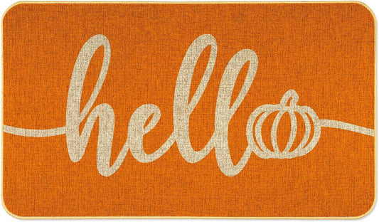 Hello Pumpkin Door Mat, Hello Fall Welcome Mat Thanksgiving Orange Outdoor Mats Autumn Decor Floor Mat for Home Entryway Patio Yard Kitchen Bathroom, 17X29 Inch Non-Slip Doormat