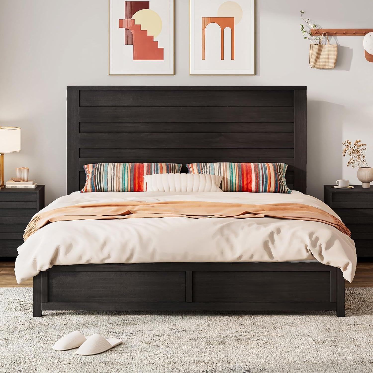 2 Pcs Bedroom Furniture Sets - Includes 1 X Farmhouse 6 Drawers Dresser, 1X Farmhouse Full Size Bed Frame with 49" Tall Headboard, Wooden Platform Bed with Hidden Metal Bed Frame, Black