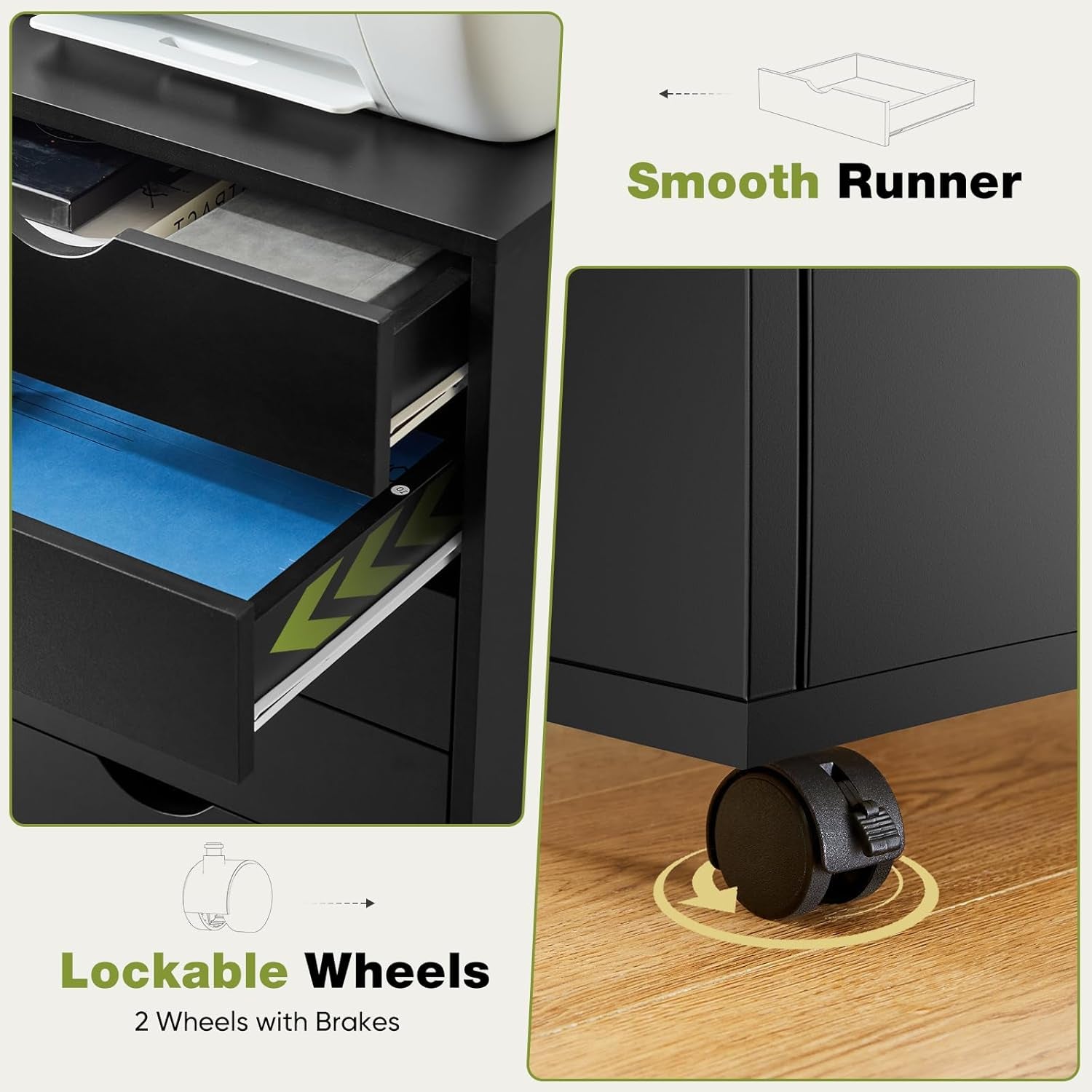 5 Drawer Chest Mobile Storage Cabinets Small Wooden Dresser with Wheels Room Organization Furniture for Office Home, Black Wood