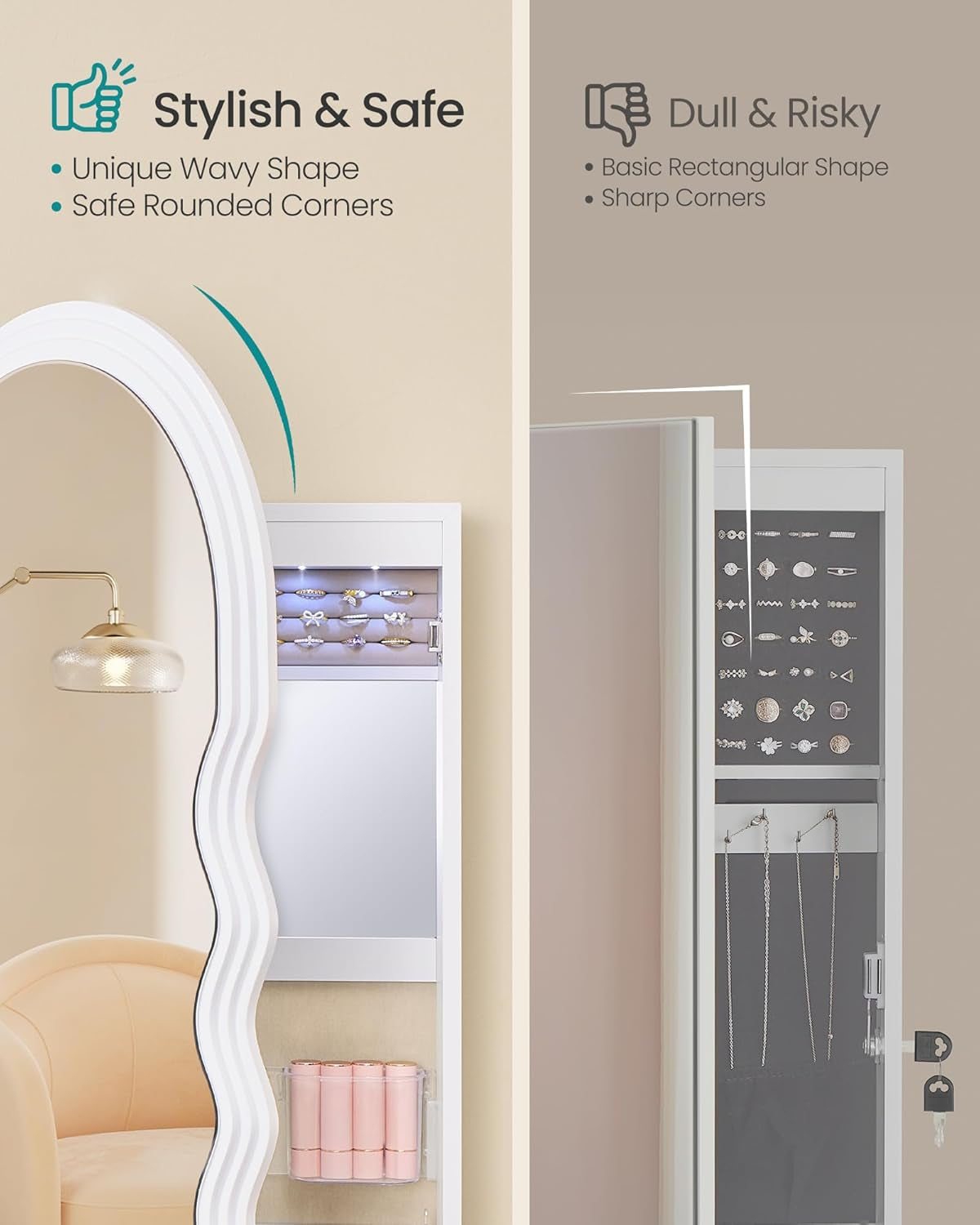 Mirror Jewelry Cabinet Wall Mounted over the Door, Hanging LED Jewelry Organizer, Lockable Wavy Wide Mirror with Storage, Interior Lights, 3.9 X 16.5 X 42.5 Inches, White UJJC031W01