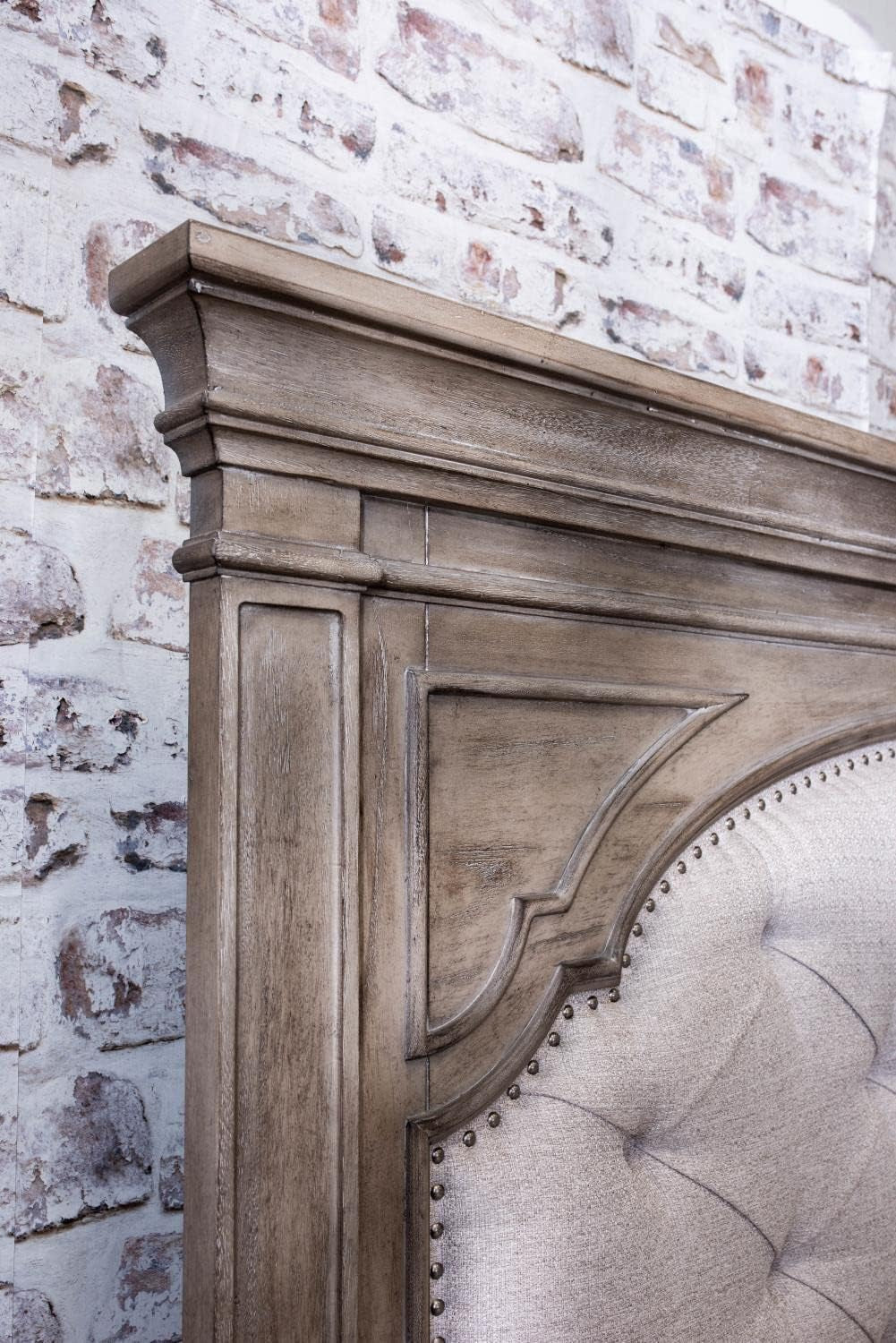 Company Highland Park 83.5" X 90" Farmhouse Wood & Fabric Upholstered Panel King Bed with Button Tufted Headboard, Low Vertical Planked Inset Footboard, in Driftwood Gray Finish