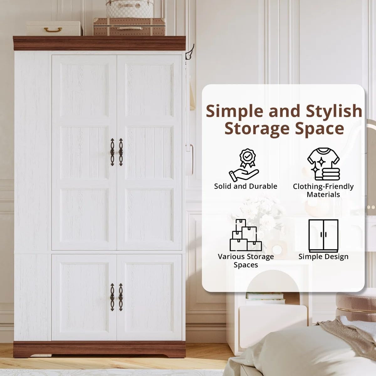 Armoire Wardrobe Closet with Side Half Mirror, 70" Freestanding 4-Door Storage Cabinet for Bedroom, Features Side Hooks, Open Compartments, Hanging Rod & Shelves, White Armoire