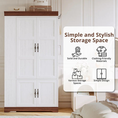 Armoire Wardrobe Closet with Side Half Mirror, 70" Freestanding 4-Door Storage Cabinet for Bedroom, Features Side Hooks, Open Compartments, Hanging Rod & Shelves, White Armoire