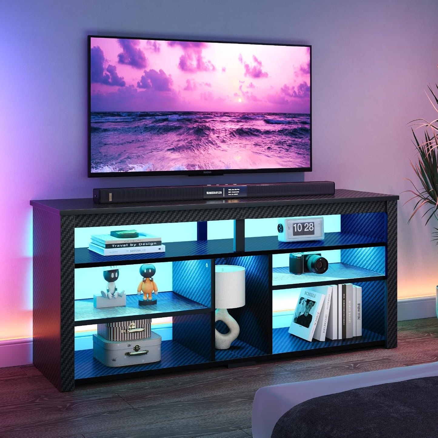 LED Tall TV Stand, Entertainment Center for 55/60/65 Inch TV, Gaming TV Console with Storage for PS4, Adjustable Shelf TV Cabinet for Living Room Bedroom, Carbon Fiber Black