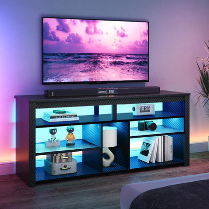 LED Tall TV Stand, Entertainment Center for 55/60/65 Inch TV, Gaming TV Console with Storage for PS4, Adjustable Shelf TV Cabinet for Living Room Bedroom, Carbon Fiber Black