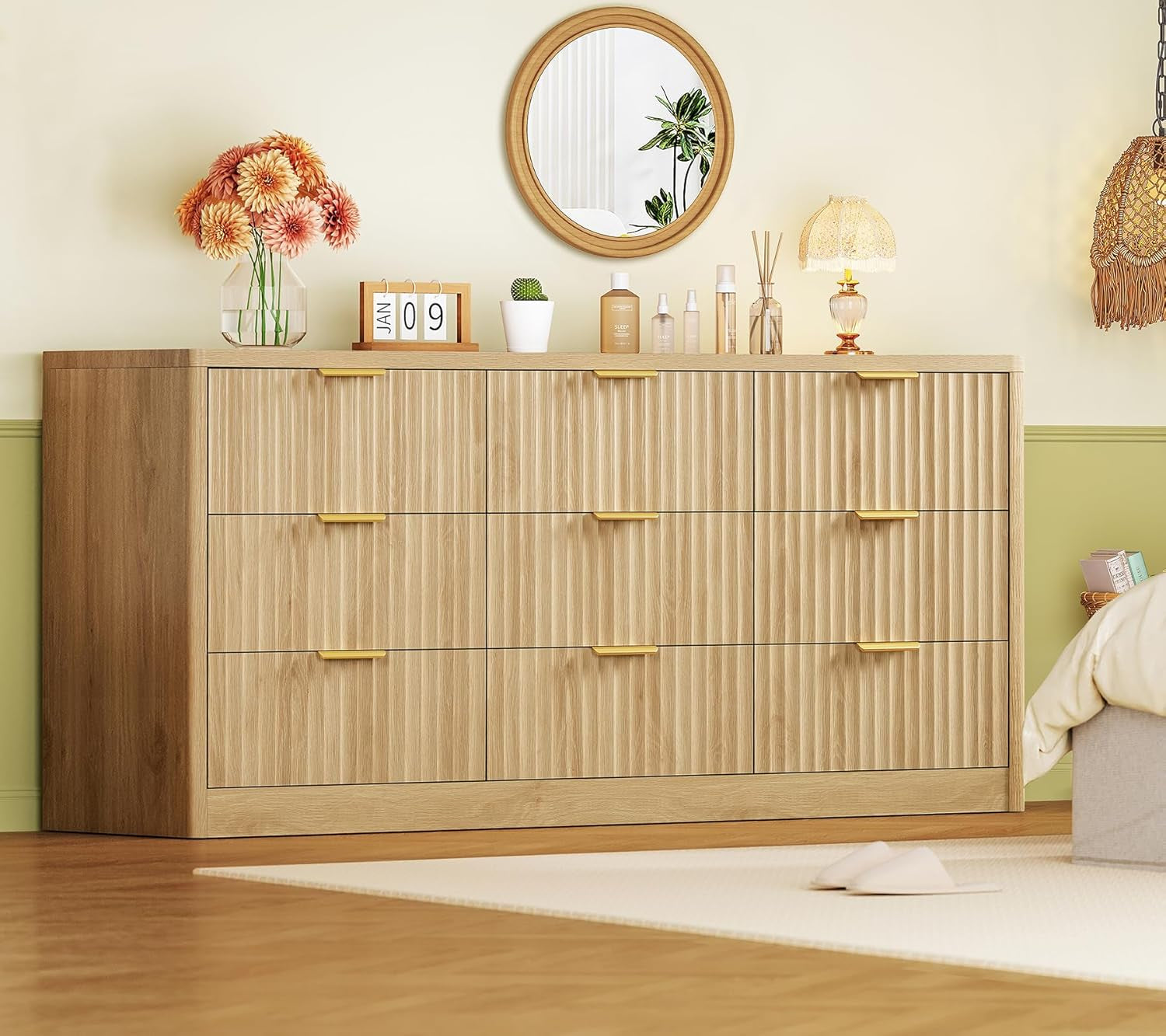 Fluted Dresser for Bedroom with 9 Drawers, 63" Wide Modern Chest of Drawers with Metal Handle & Curved Profile Design, Wood Closet Clothes Storage Organizer for Living Room, Hallway, Natural