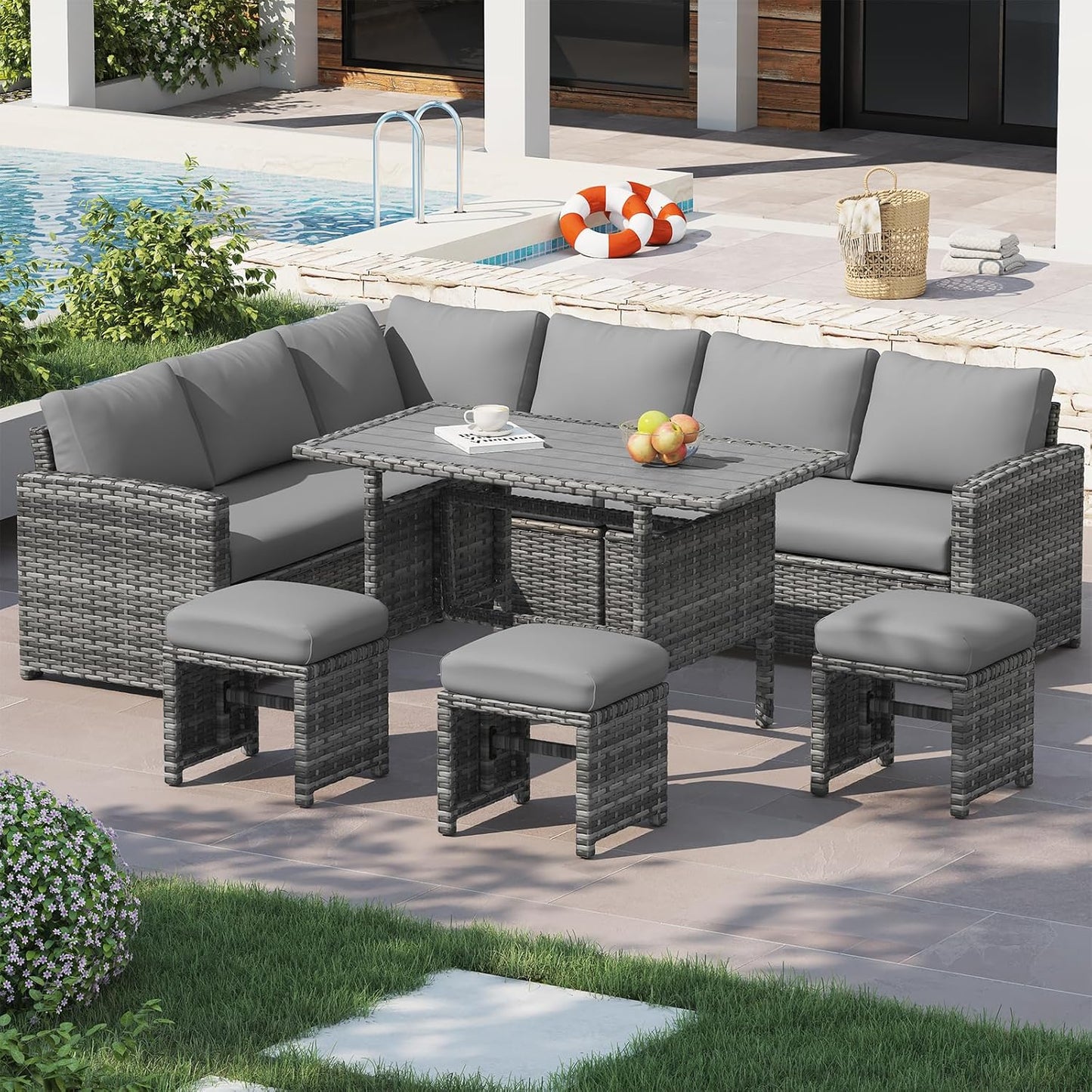7 Pieces Patio Furniture Set, Outdoor Sectional Sofa Conversation Set, All Weather Wicker Rattan Dining Table & Chair with Ottoman, Grey Rattan&Grey Cushion
