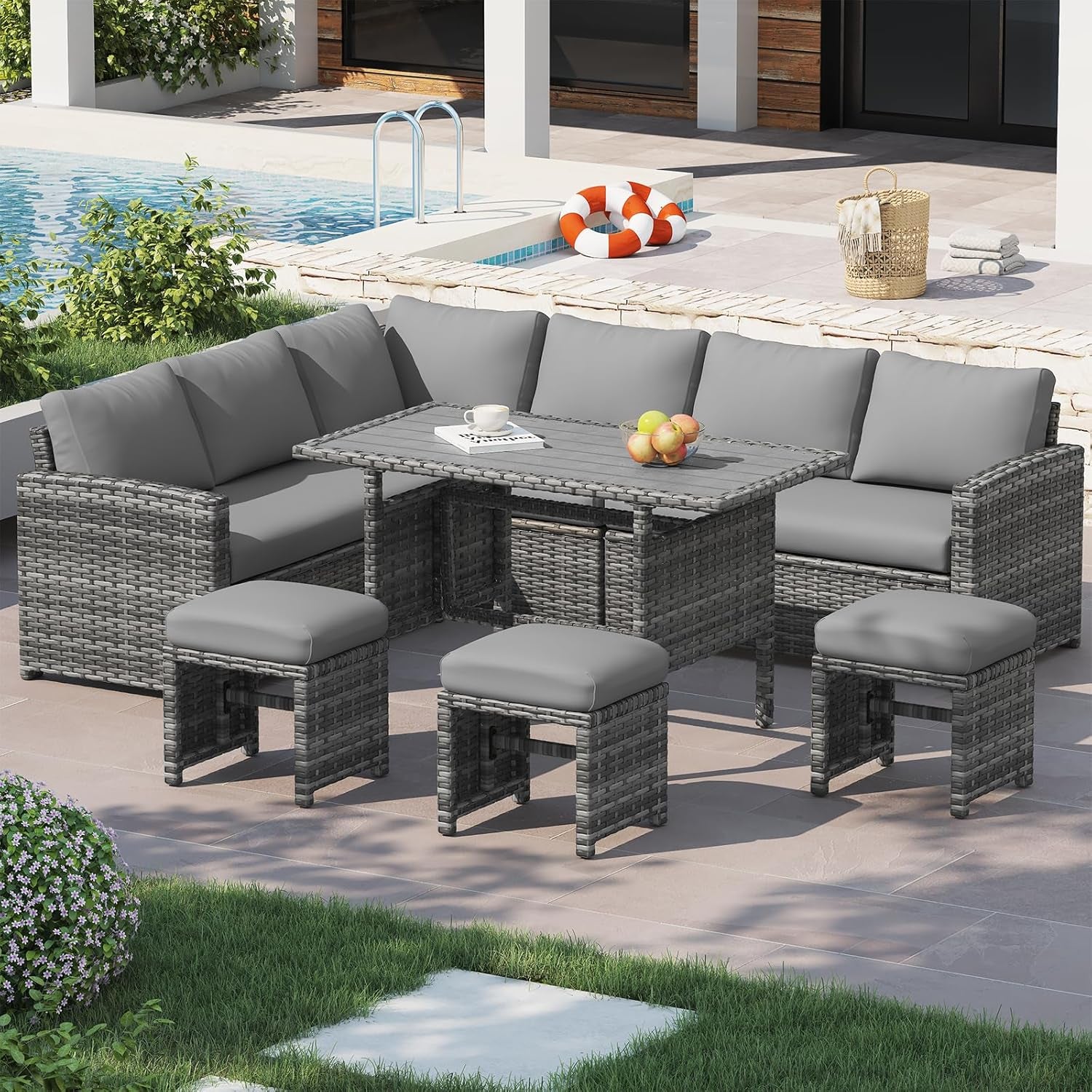 7 Pieces Patio Furniture Set, Outdoor Sectional Sofa Conversation Set, All Weather Wicker Rattan Dining Table & Chair with Ottoman, Grey Rattan&Grey Cushion