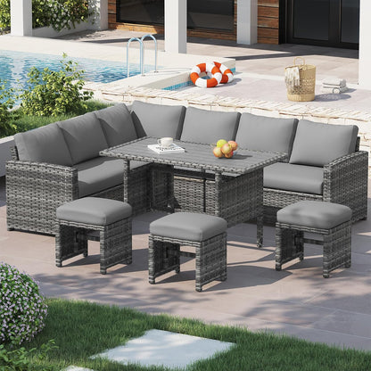 7 Pieces Patio Furniture Set, Outdoor Sectional Sofa Conversation Set, All Weather Wicker Rattan Dining Table & Chair with Ottoman, Grey Rattan&Grey Cushion
