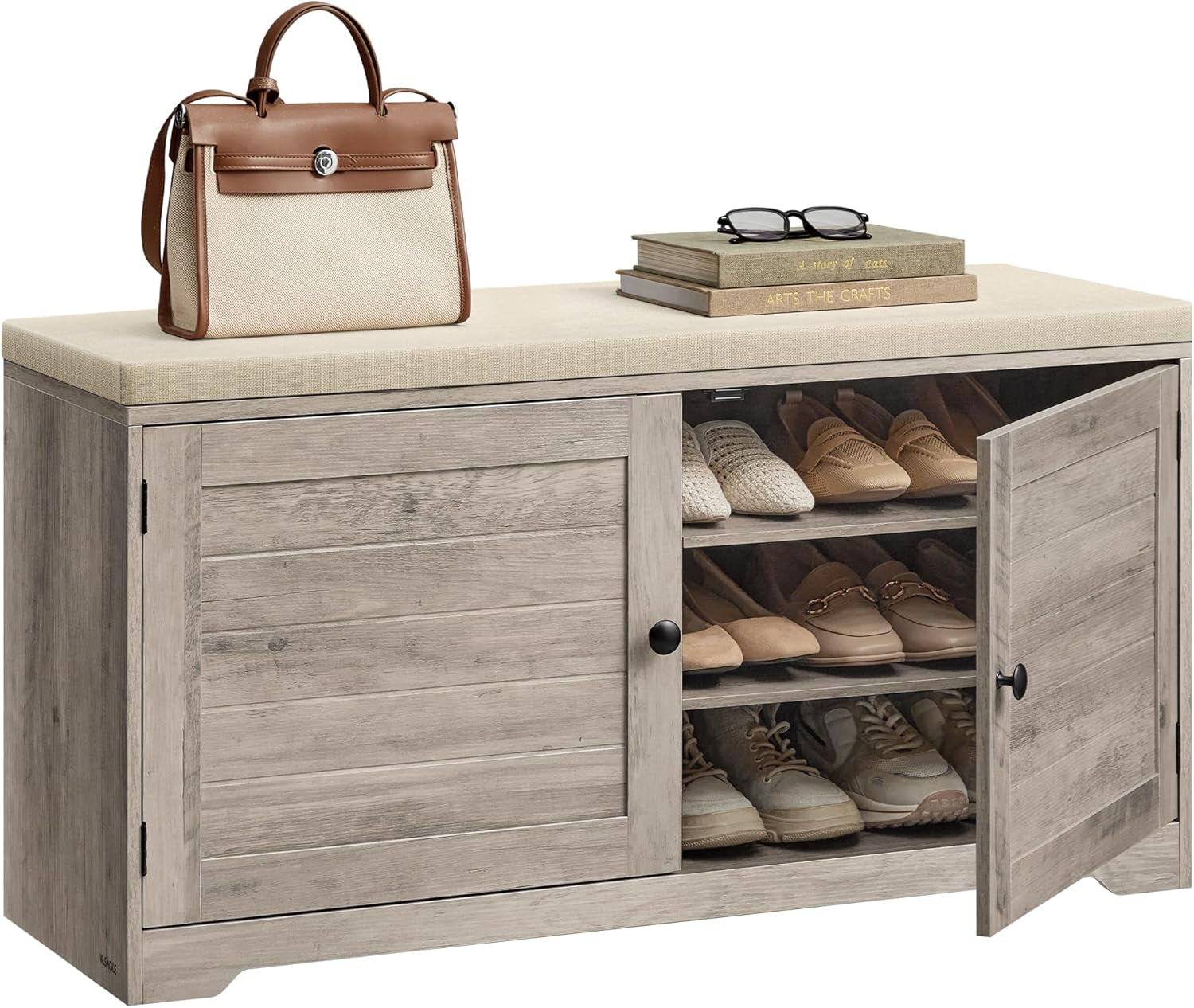 Shoe Storage Bench with Cushion, 3-Tier Entryway Bench with Padded Seat, Doors, Adjustable Shelves, 14 X 39.8 X 20.7 Inches, Hallway, Bedroom, Heather Greige and Cappuccino Beige ULSB044L01