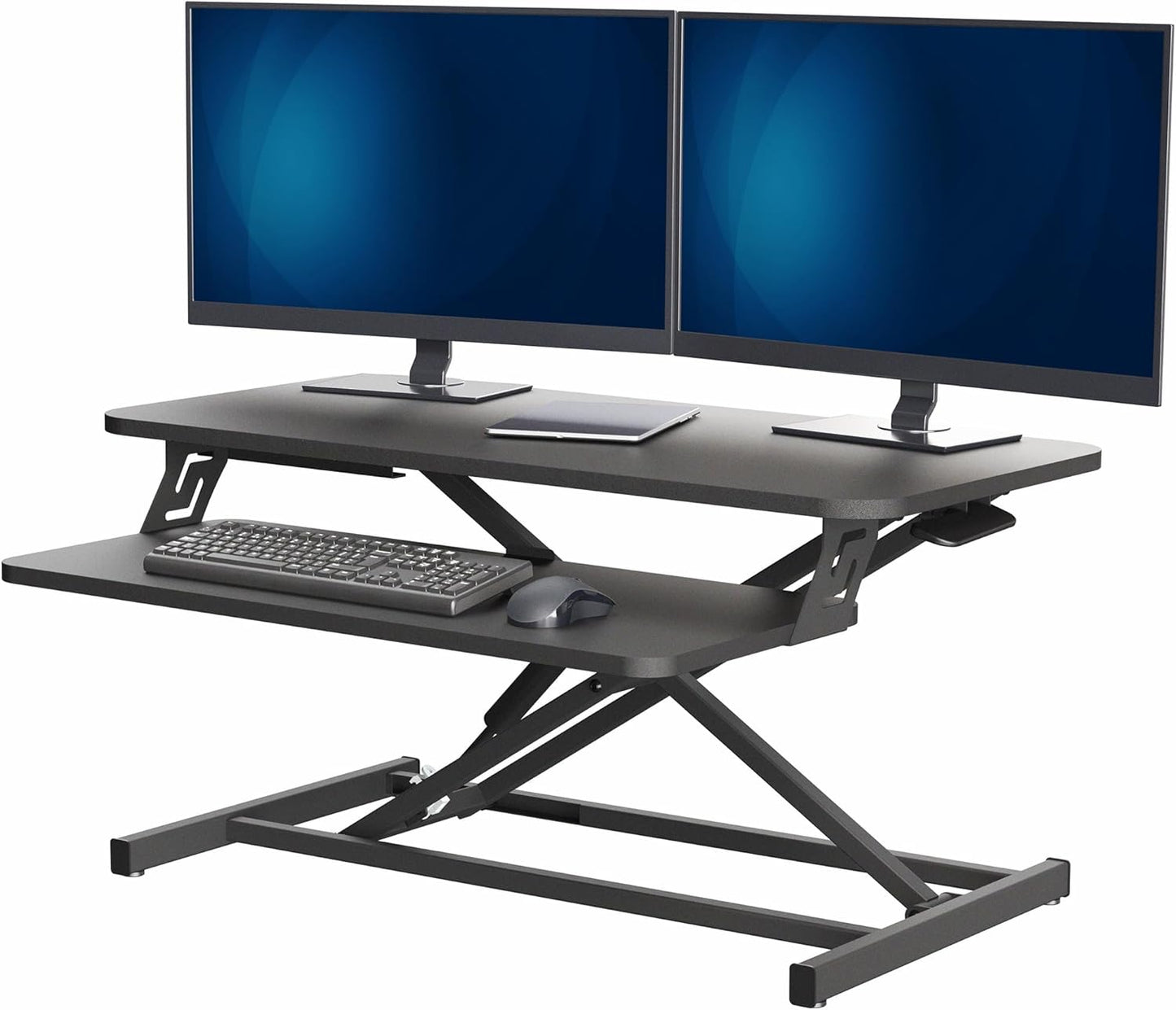 Height Adjustable 32 Inch Stand up Desk Converter, Quick Sit to Stand Tabletop Dual Monitor Riser Workstation, Black, DESK-V000S