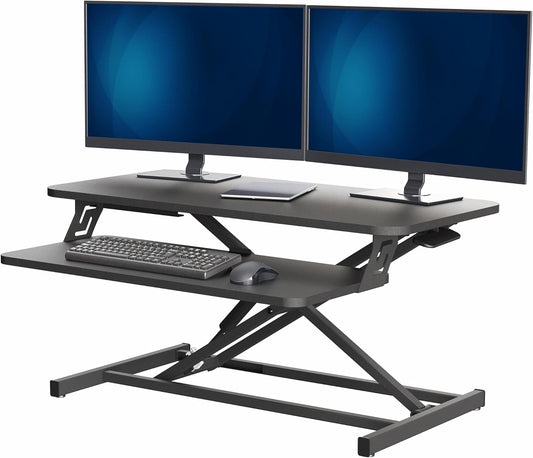Height Adjustable 32 Inch Stand up Desk Converter, Quick Sit to Stand Tabletop Dual Monitor Riser Workstation, Black, DESK-V000S