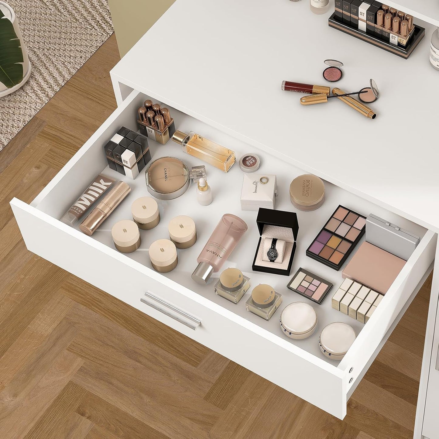 Vanity Desk with Mirror and Lights, Makeup Vanity with 5 Drawers and 3 Storage Shelves, 3 Color Modes & Adjustable Brightness Dressing Table, Vanity Desk for Bedroom, White