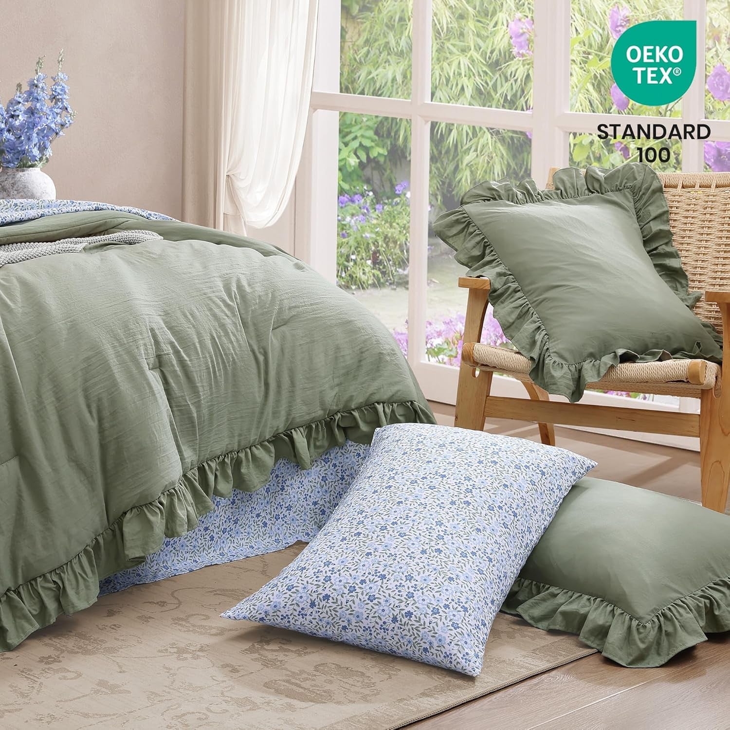 Queen Comforter Set - 7 Pieces Ruffle Sage Green Bedding Sets, Shabby Chic Farmhouse Bed in a Bag Queen with Ruffle Comforter, Floral Sheets, Pillowcases & Shams