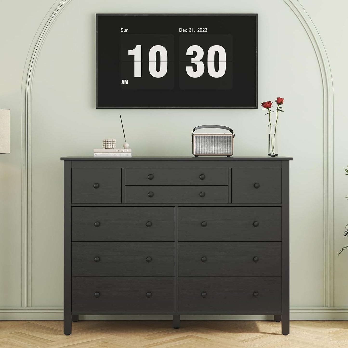 10 Drawer Large Black Dresser for Bedroom, 47.2" Long Chest of Drawers with Deep Drawers, Modern Wooden Storage Dresser for Closet, 36.2" Tall TV Stand for Living Room, Hallway, Entryway