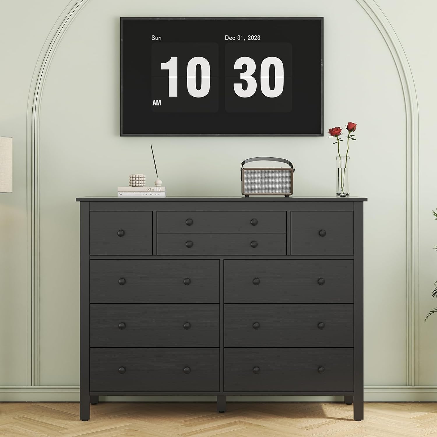 10 Drawer Large Black Dresser for Bedroom, 47.2" Long Chest of Drawers with Deep Drawers, Modern Wooden Storage Dresser for Closet, 36.2" Tall TV Stand for Living Room, Hallway, Entryway
