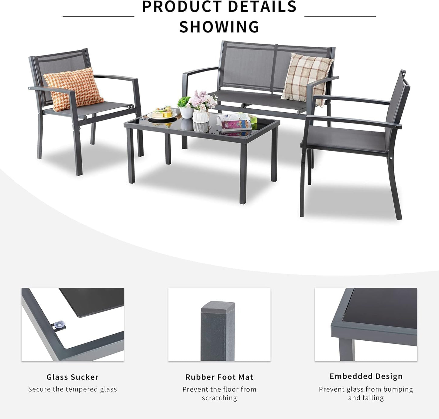 4 Pieces Patio Furniture Set All Weather Textile Fabric Outdoor Conversation Set, with Glass Coffee Table, Loveseat, 2 Single Chairs for Home, Garden, Lawn, Porch（Gray）