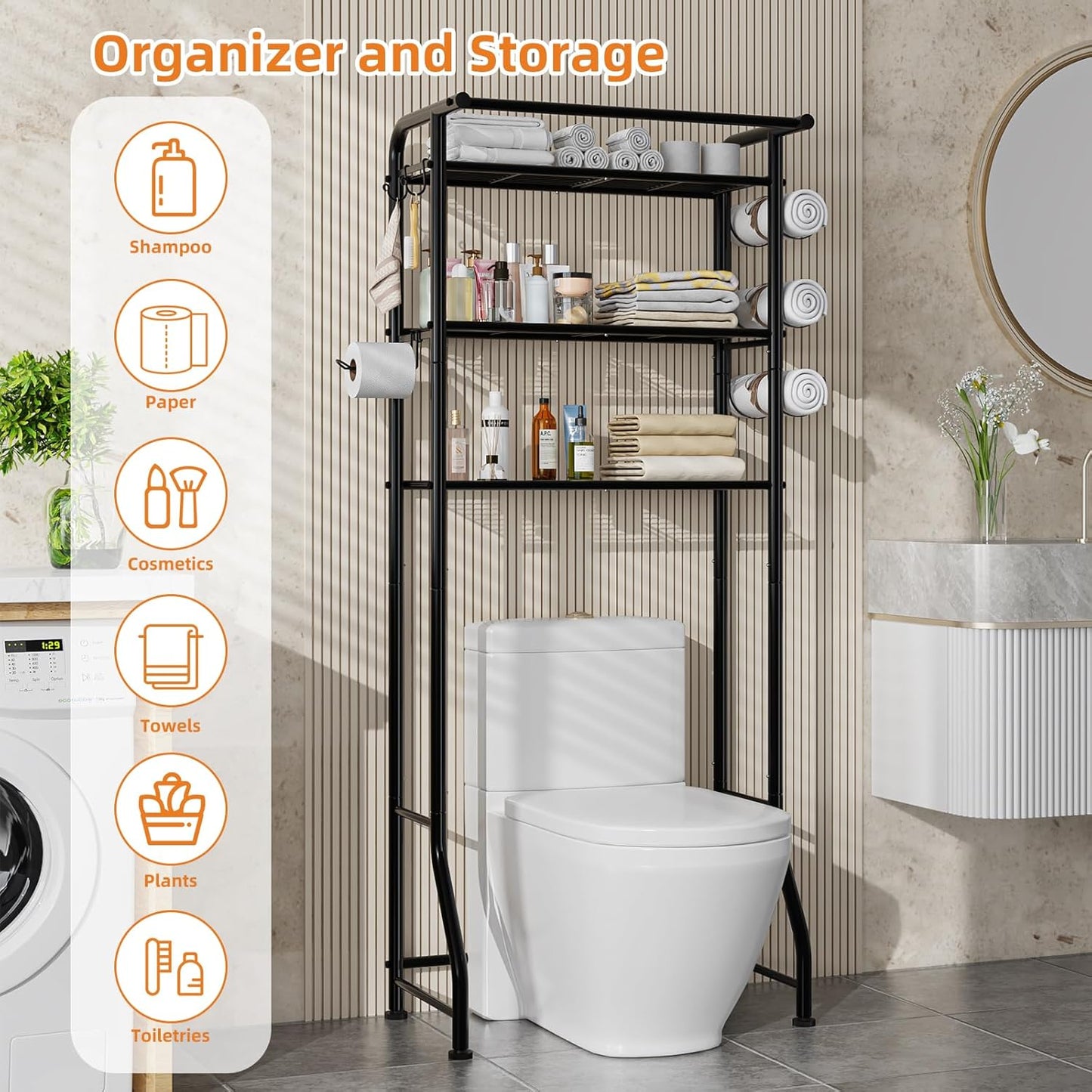 3 Tier over the Toilet Rack, Shelf Bathroom, Bathroom Stand Organizer Space Saver, Black