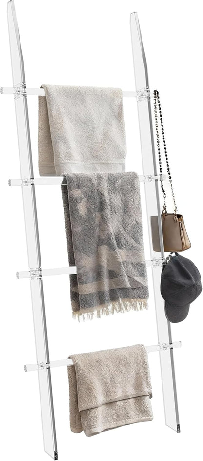 Blanket Ladder 5.6FT for Bathroom, 4 Tier Modern Decor Waterproof Blanket Holder for Living Room and Bedroom, Easy Assembly Clear Acrylic Ladder Shelf, Leaning Quilt Rack with anti Slip Pads