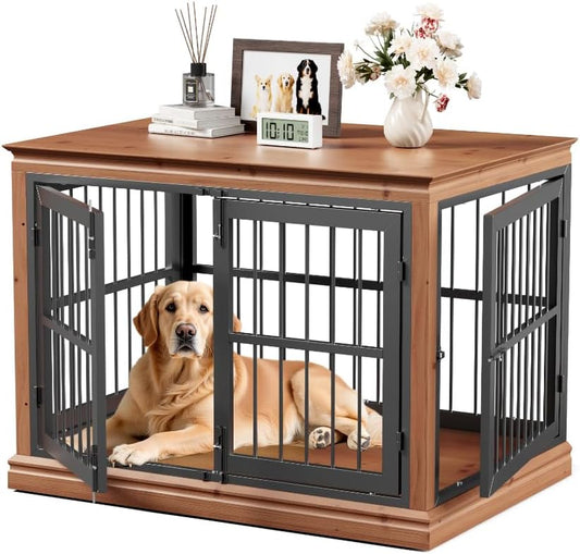 42 in Solid Wood Dog Crate Furniture for Dogs-Dog Kennel Indoor for End Table, Chew-Proof and Silent Latches Design for Large and Medium Dogs, Dog Kennel Furniture-(Brown+Black)