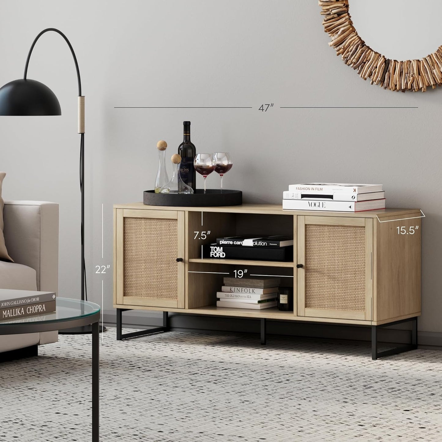 74101 Mina Modern TV Stand, Entertainment Cabinet, Media Console with a Natural Oak Wood Finish and Matte Black Accents with Storage Doors for Living Room or Media Room, Oak/Black
