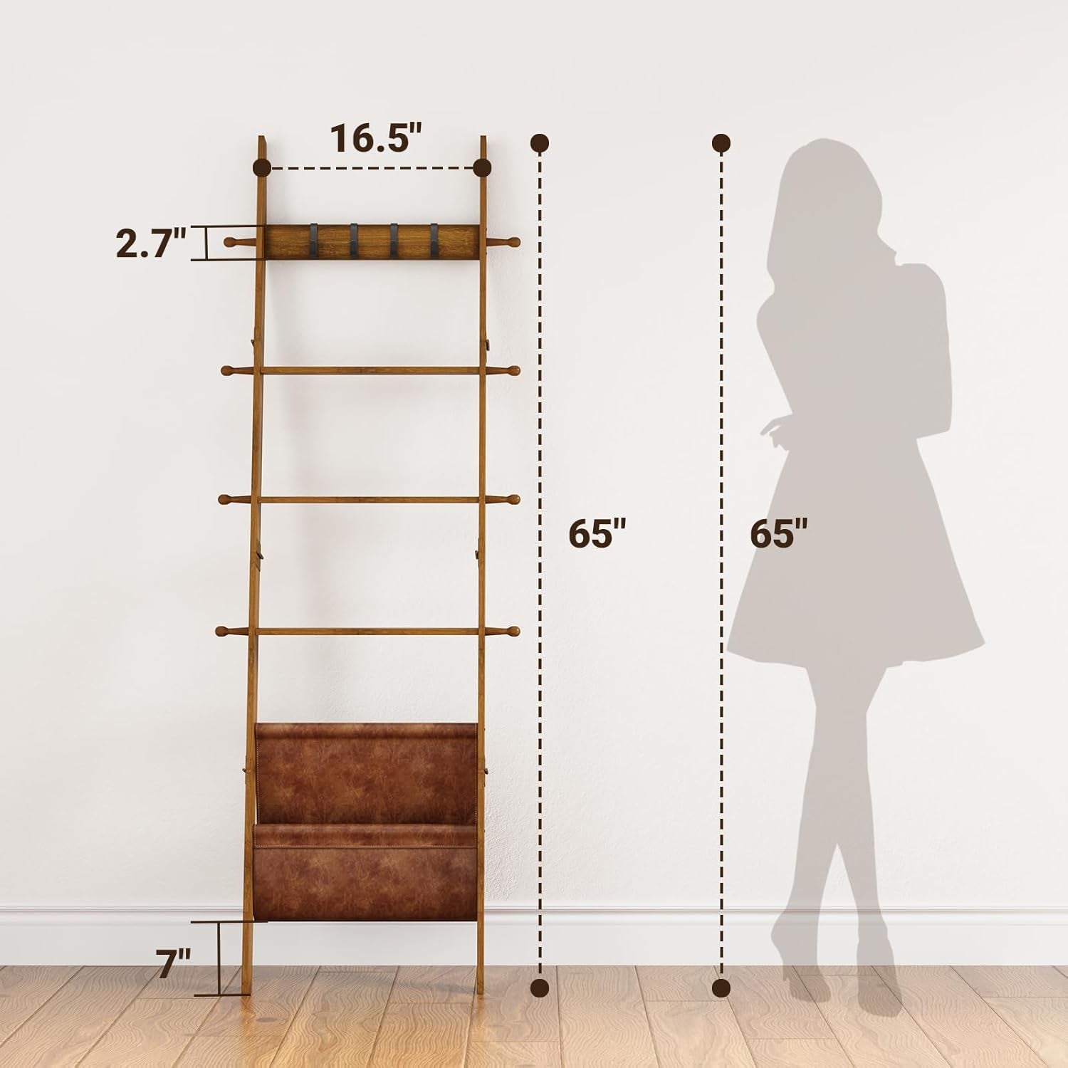 Blanket Ladder, 5-Tier Farmhouse Wooden Rack with Synthetic Leather Pocket, 4 Removable Hooks, Decorative Leaning Ladder Shelf, Walnut