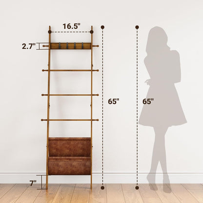 Blanket Ladder, 5-Tier Farmhouse Wooden Rack with Synthetic Leather Pocket, 4 Removable Hooks, Decorative Leaning Ladder Shelf, Walnut
