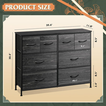 Dresser for Bedroom with 8 Drawers, Wide Fabric Dresser for Storage and Organization, Bedroom Dressers, Chest of Drawers for Living Room, Closet, Hallway, Charcoal Black Wood Grain Print