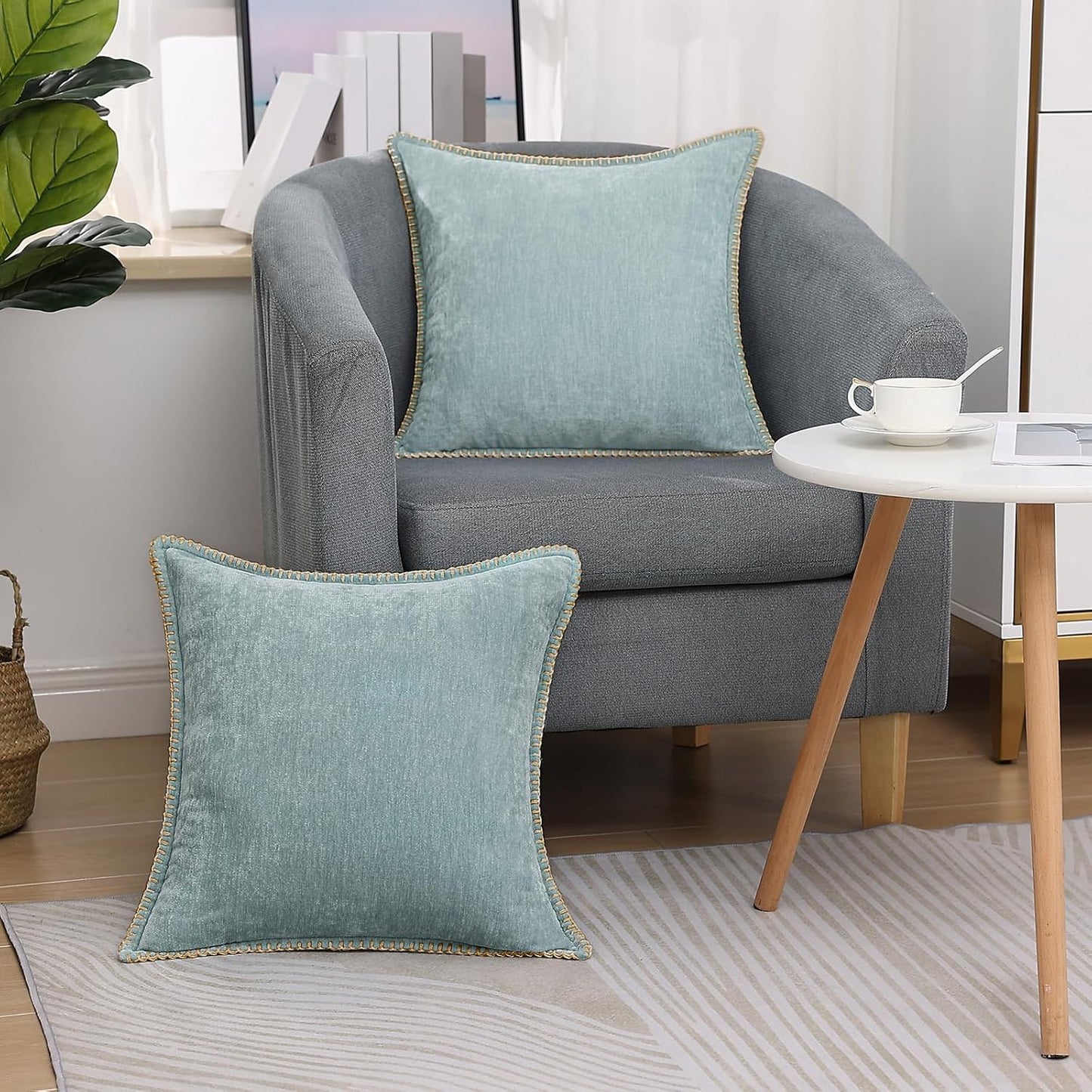 Chenille Soft Throw Pillow Covers 18X18 Set of 2, Farmhouse Velvet Neutral Decorative Euro Pillow Covers with Stitched Edge for Couch Sofa Bed Home Decor, Aqua Haze