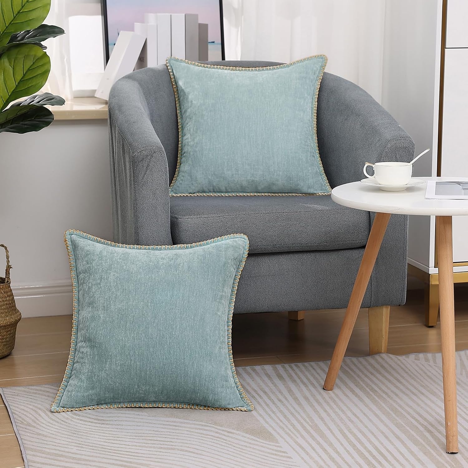 Chenille Soft Throw Pillow Covers 18X18 Set of 2, Farmhouse Velvet Neutral Decorative Euro Pillow Covers with Stitched Edge for Couch Sofa Bed Home Decor, Aqua Haze