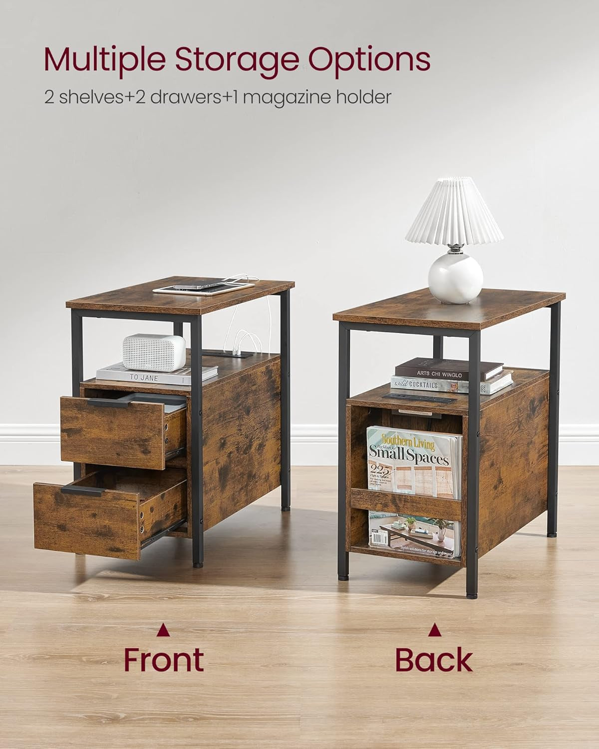 Side Table with Charging Station, Narrow End Table with 2 Drawers, Slim Nightstand and Bedside Table with Storage, for Small Spaces, Black ULET321B22