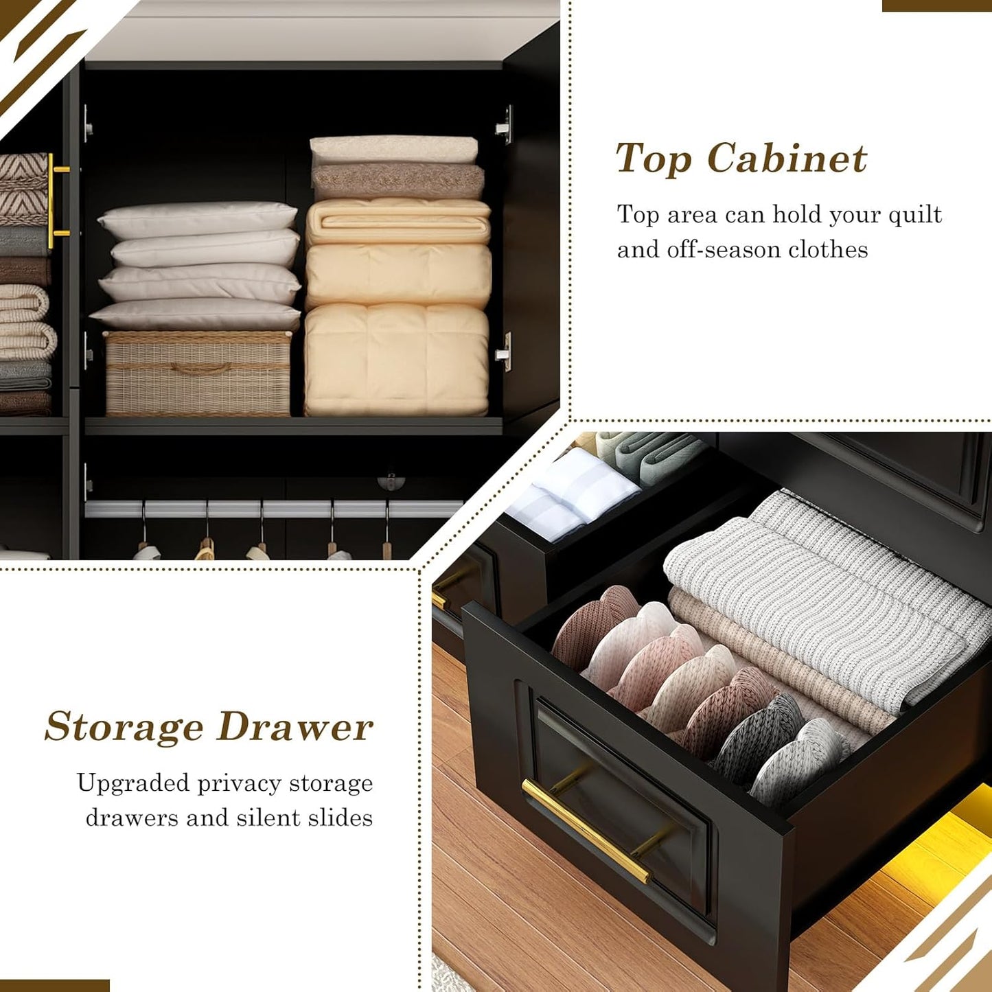 Large Armoire Wardrobe Closet Cabinet with Drawers and LED Lights, Multi-Tier Shelves, Hanging Rod, Large Capacity Storage 3 Door Wardrobe Armoire with Top Cabinet for Bedroom, Black