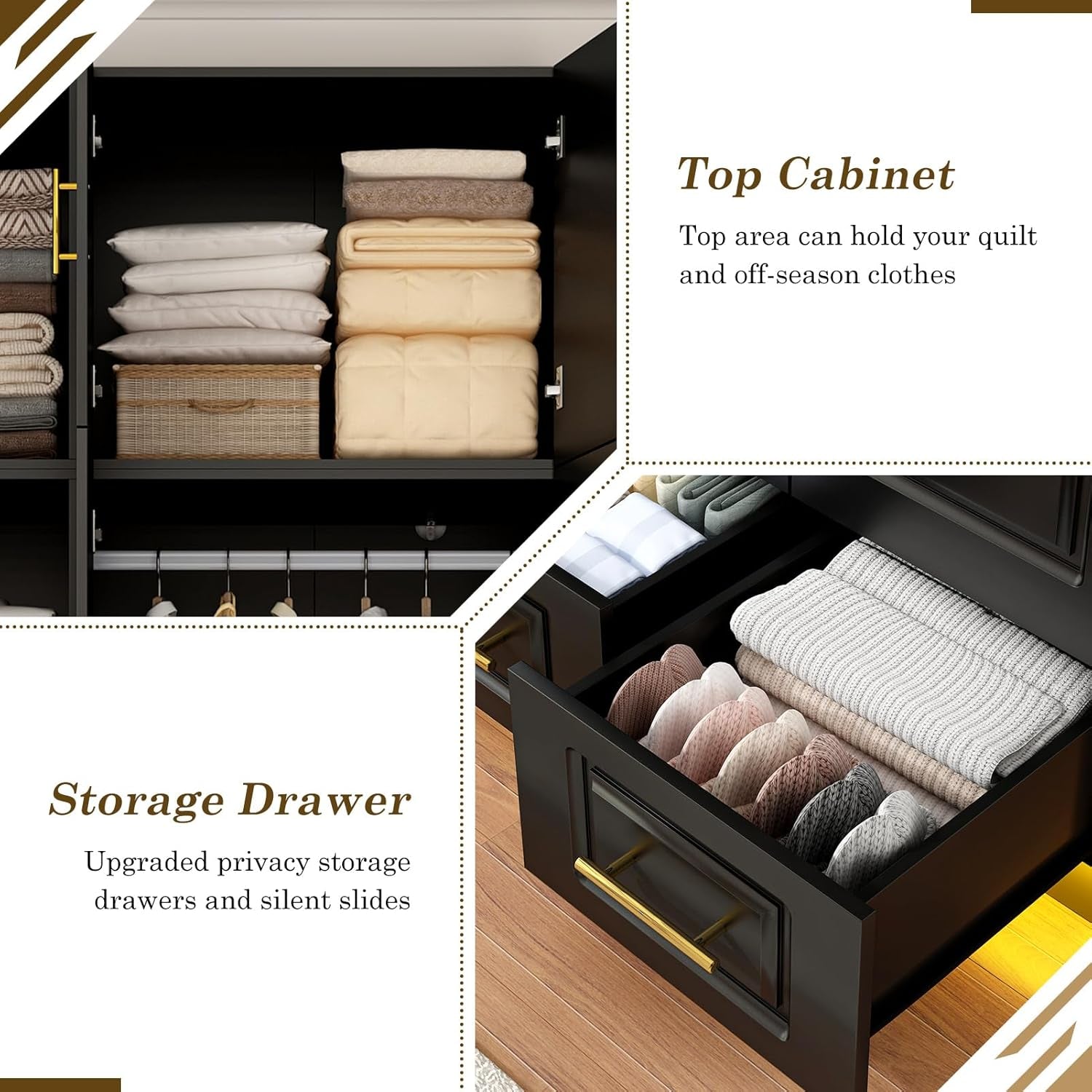 Large Armoire Wardrobe Closet Cabinet with Drawers and LED Lights, Multi-Tier Shelves, Hanging Rod, Large Capacity Storage 3 Door Wardrobe Armoire with Top Cabinet for Bedroom, Black