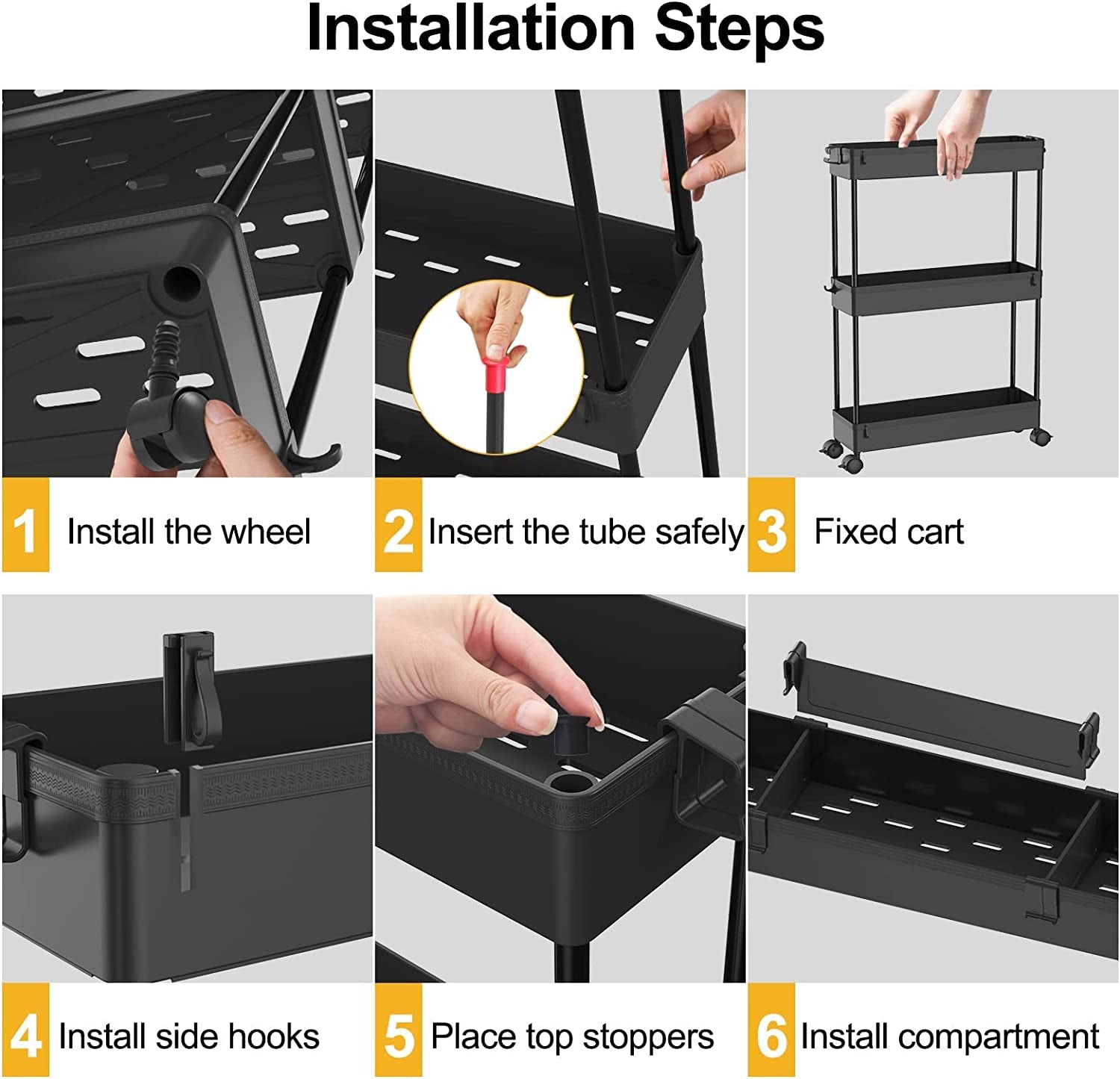 Slim Storage Cart 4 Tier,Bathroom Organizer Rolling Utility,Mobile Shelving Unit Slide Out for Office, Kitchen, Laundry Room & Narrow Places,Black