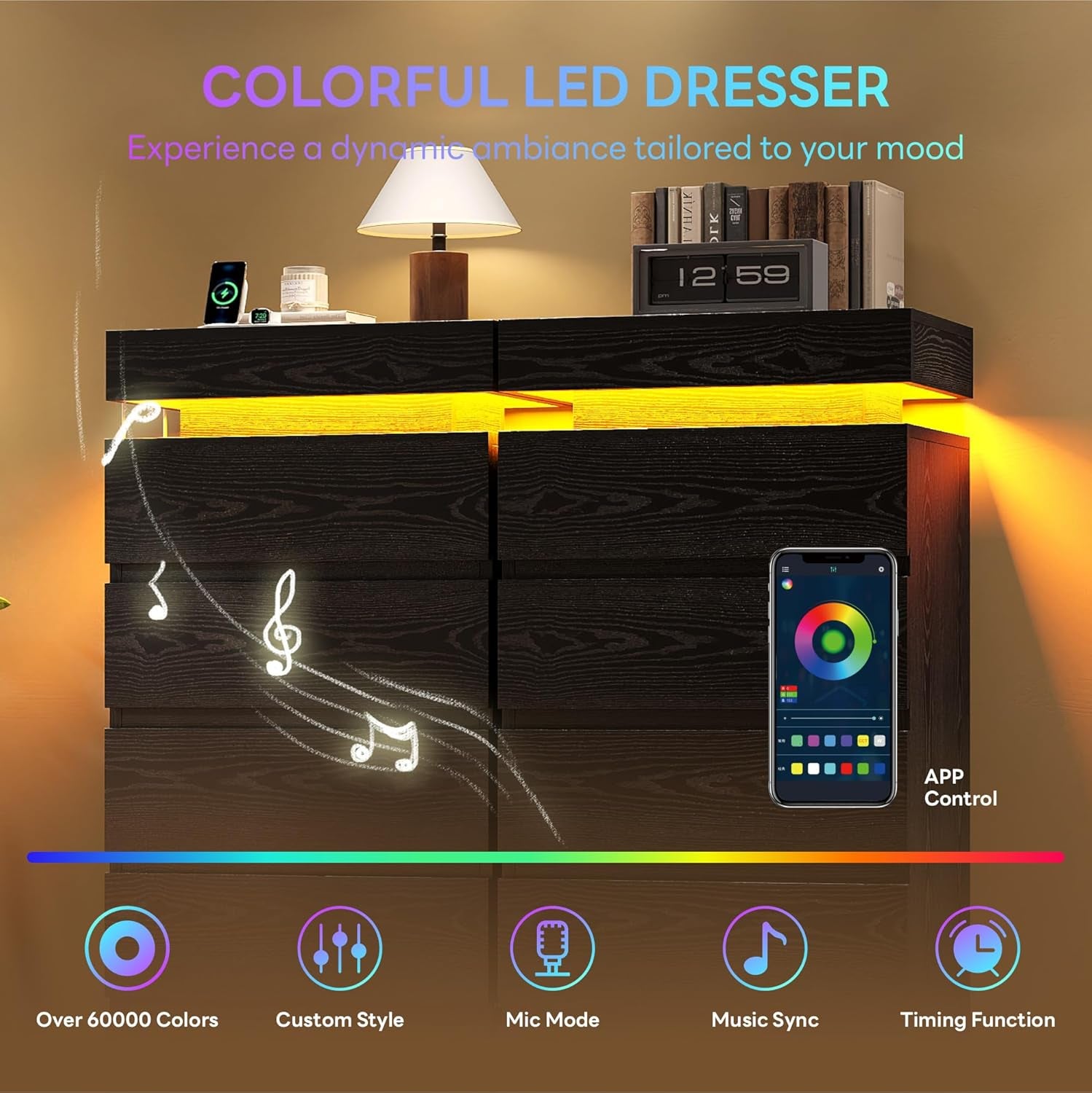 54" Tall 5 Drawer Dresser for Bedroom, Black Dresser with LED Light and Power Outlet, Wood Modern Chest of Drawers for Living Room, Entryway, Hallway