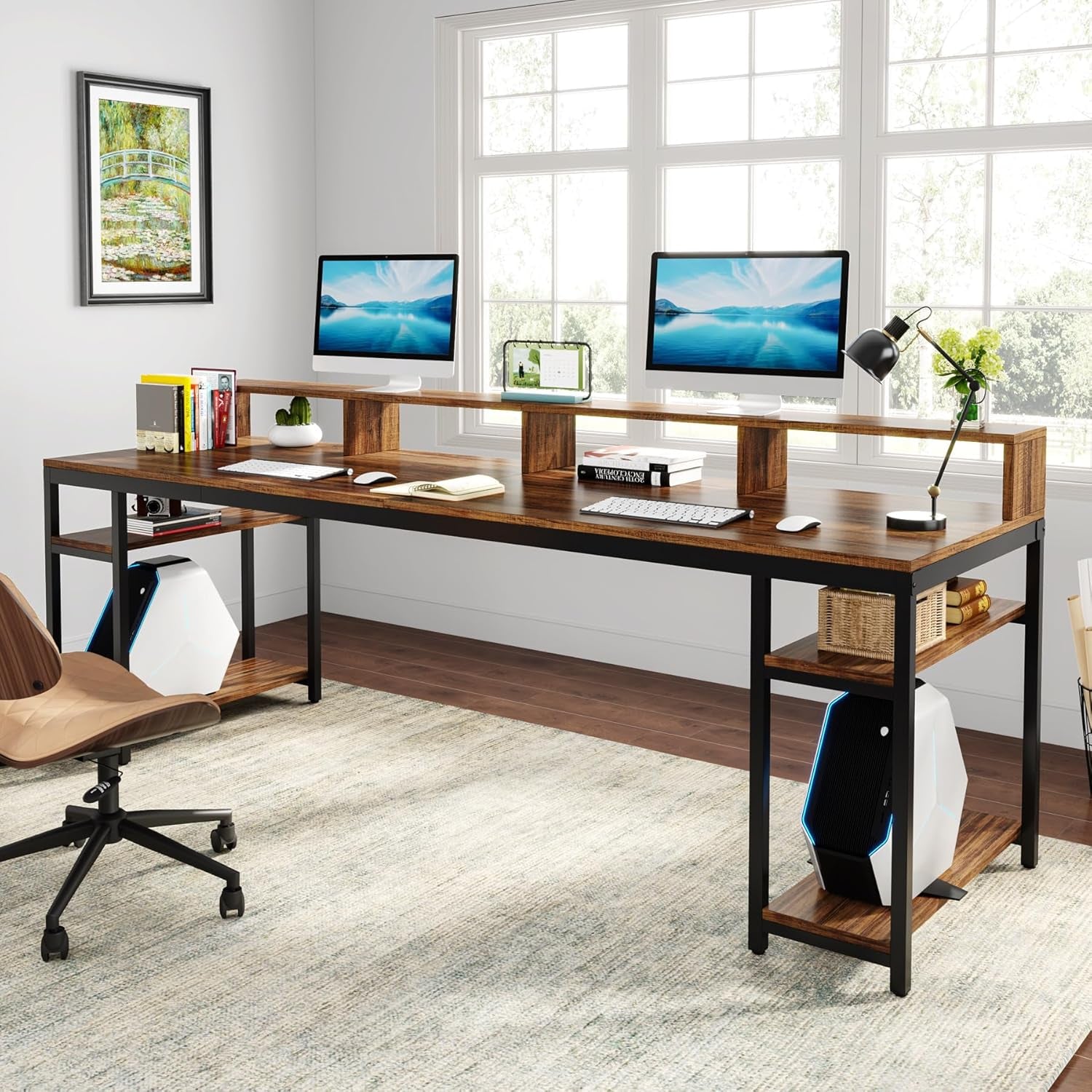Two Person Desk with Monitor Stand, 78.74" Long Double Computer Office Desk with Storage Shelves, Large Gaming Study Writing Table Workstation for Home Office (Rustic Brown)