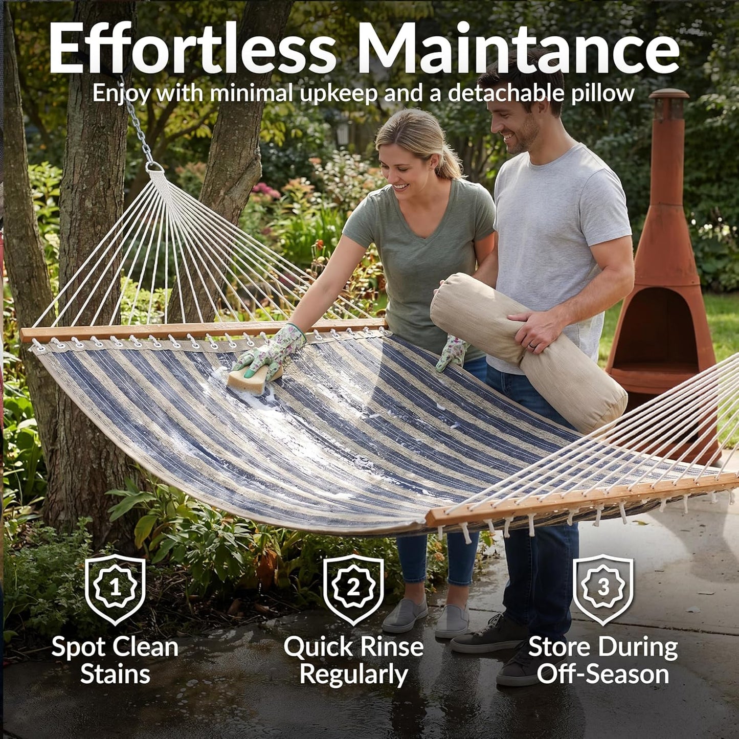 Sunnydaze Quilted Double Hammock for outside with Spreader Bars and Pillow - 450 Lb Capacity, 74X55 Inch Bed, UV Resistant, Quick Dry - Chains Included, Stand Sold Separately - Mountainside