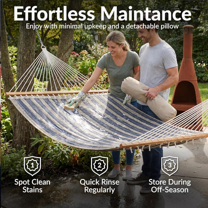 Sunnydaze Quilted Double Hammock for outside with Spreader Bars and Pillow - 450 Lb Capacity, 74X55 Inch Bed, UV Resistant, Quick Dry - Chains Included, Stand Sold Separately - Mountainside